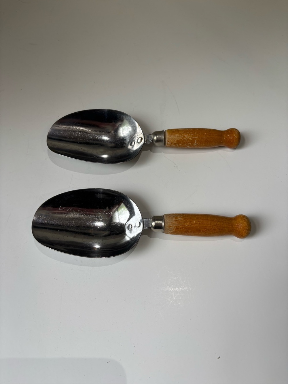 Set of 2 Vintage Metal 1/4 Cup Scoops with Wood Handles - Silver & Brown